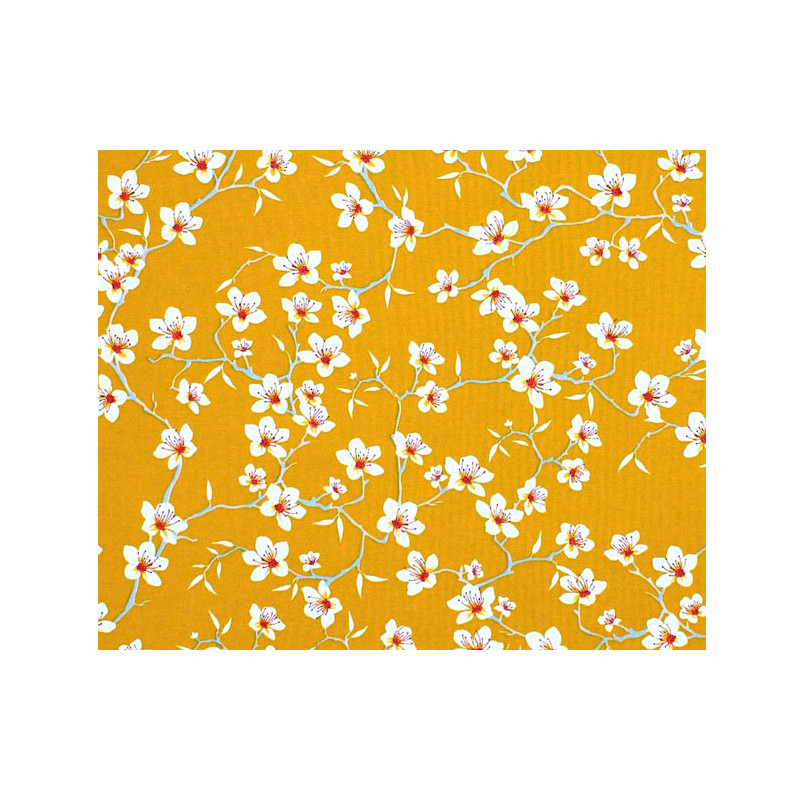 Tissu 100% coton fleurs d'amandier jaune safran 150 cm de large
