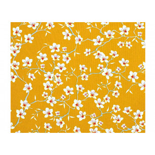 Tissu 100% coton fleurs d'amandier jaune safran 150 cm de large