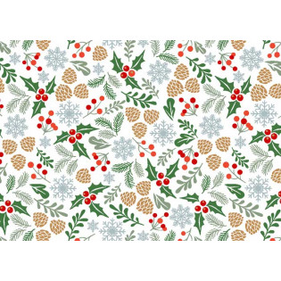Tissu de Noël Vosges coton motif houx sapin flocons laize 150 cm  fond blanc