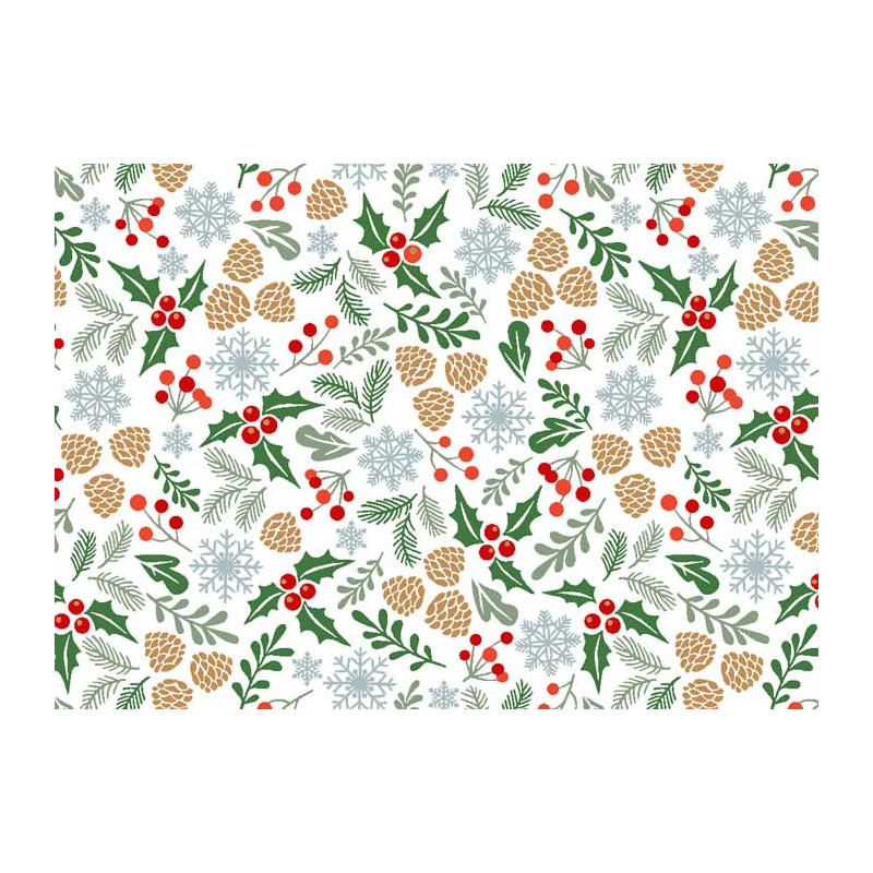 Tissu de Noël Vosges coton motif houx sapin flocons laize 150 cm  fond blanc