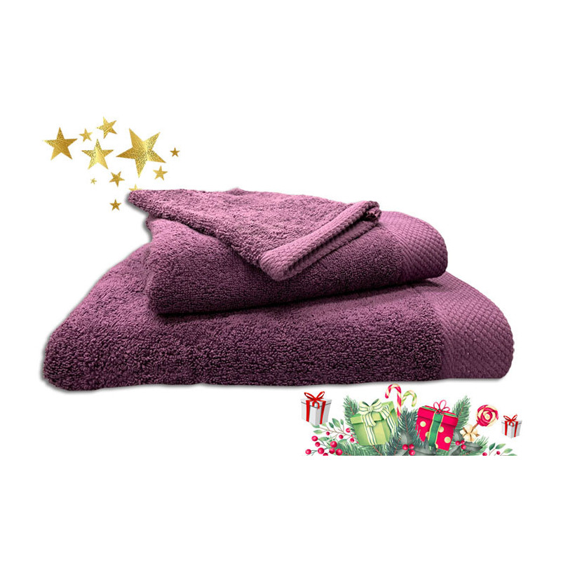Ensemble éponge aubergine drap de bain + serviette + gant