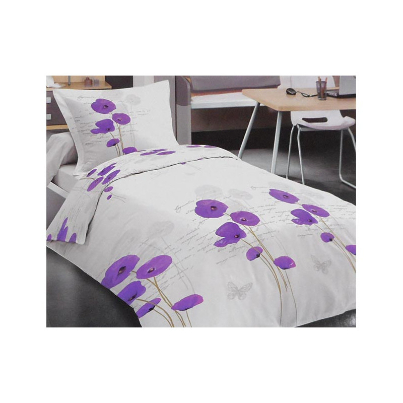 Parure de draps 4 pièces Coquelicots violets et papillons pour lit 2 personnes de 160 cm