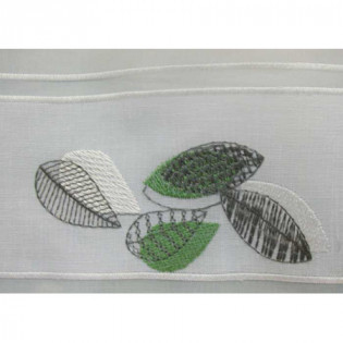 Petit rideau blanc détail motif brodé feuilles vertes et grises