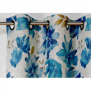 Rideau Aquarelle bleu 145x260 cm motif fleuri finition oeillets ronds