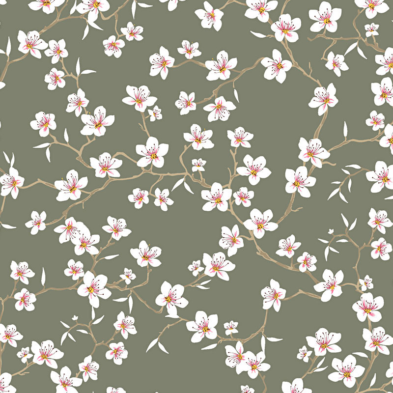 Tissu 100% coton fleurs d'amandier sur fond SAUGE 150 cm de large