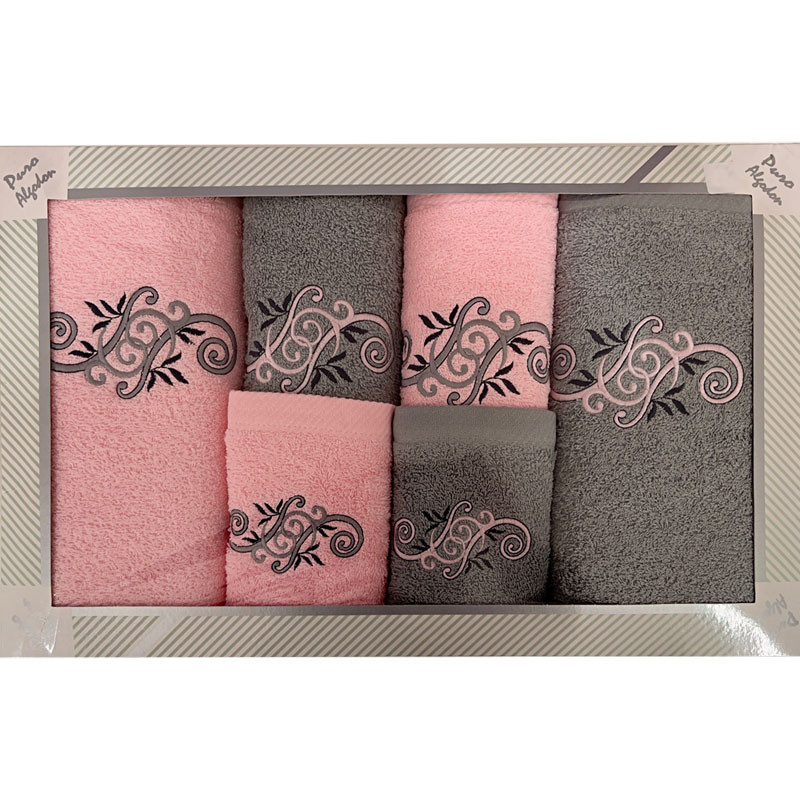 Coffret éponge 6 pièces gris et rose motif brodé de volutes