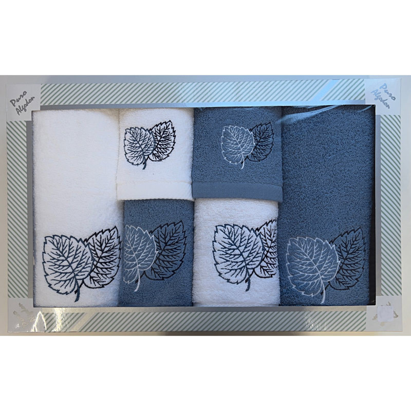 Coffret éponge 6 pièces bleu et blanc motif brodé de feuilles