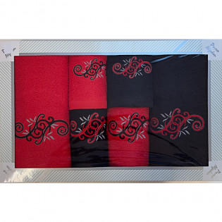 Coffret éponge 6 pièces rouge et noir motif brodé de volutes