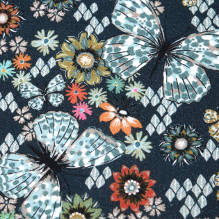 Tissus 100% Coton NOLANA motif papillons et fleurs multicolores