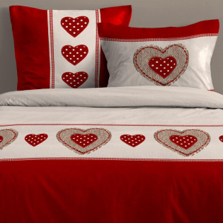 Motif coeurs housse de couette coton avec taies MARIANNE rouge pour lit deux places